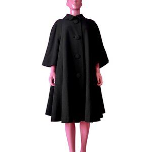 Vintage 50s/60s XL Swing Coat Black Oversized Buttons ¾ Wide Flare Sleeves Tweed